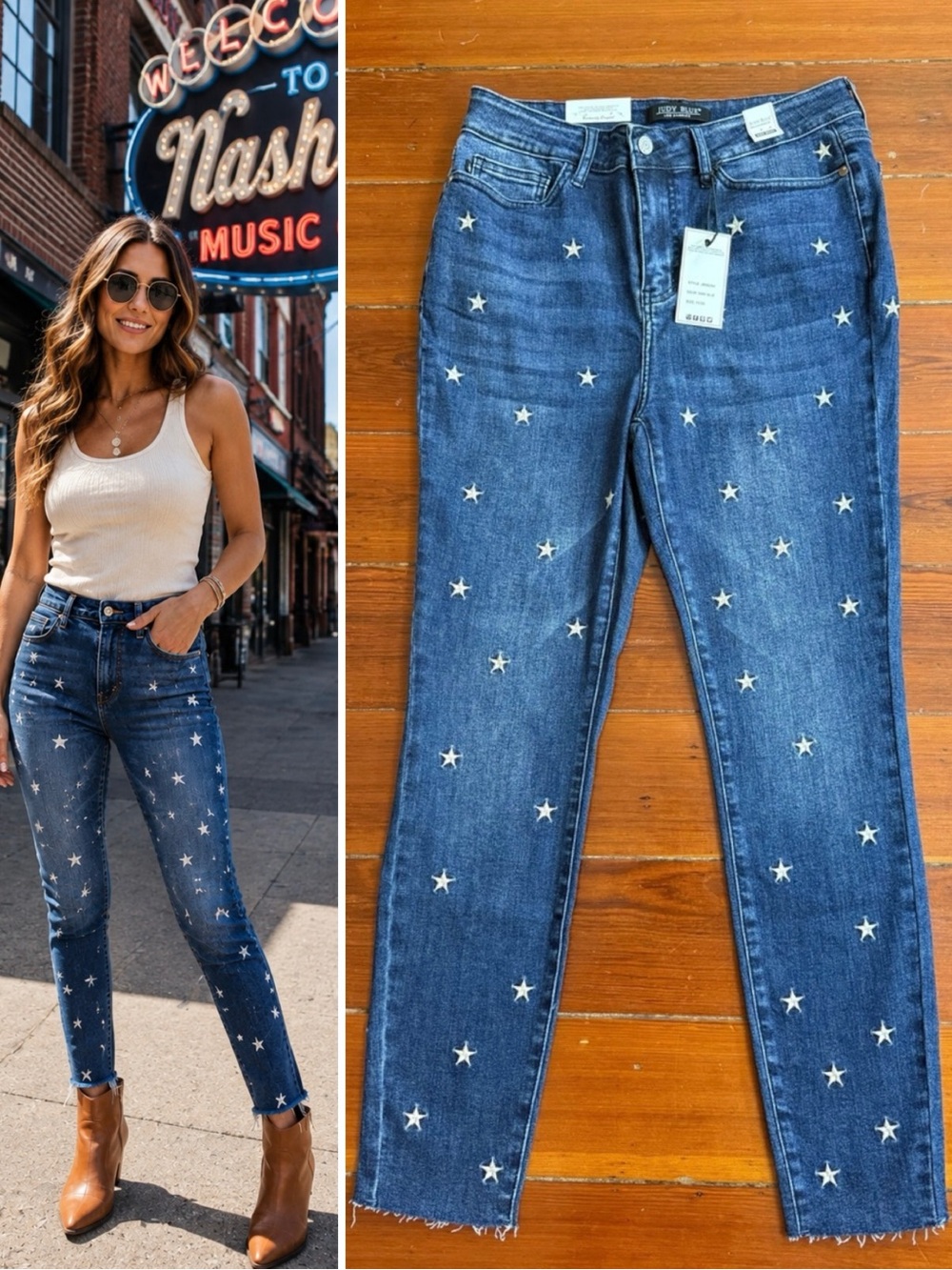 NWT Judy Blue Star Embroidered Raw Hem Skinny Jeans Medium Wash 11/30 🧡🍄